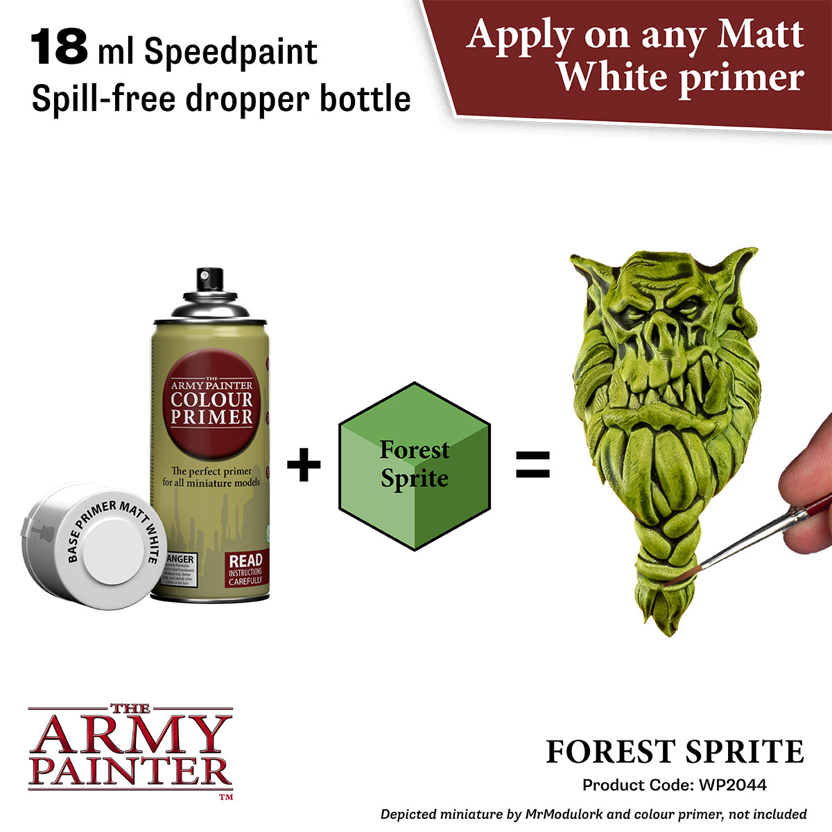 Product advertisement for 'The Army Painter' speedpaint with a forest sprite miniature and primer bottle.