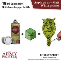 Product advertisement for 'The Army Painter' speedpaint with a forest sprite miniature and primer bottle.
