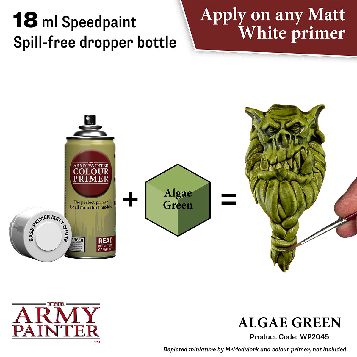 Army Painter Algae Green paint set with primer and dropper bottle on a white background