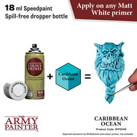 Product advertisement for 'The Army Painter' paint system with a dropper bottle and Caribbean Ocean color swatch.