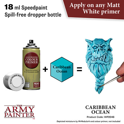 Product advertisement for 'The Army Painter' paint system with a dropper bottle and Caribbean Ocean color swatch.