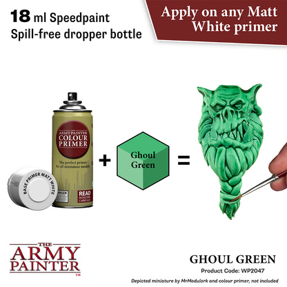 Green miniature figure being painted with 'Ghoul Green' color from The Army Painter.
