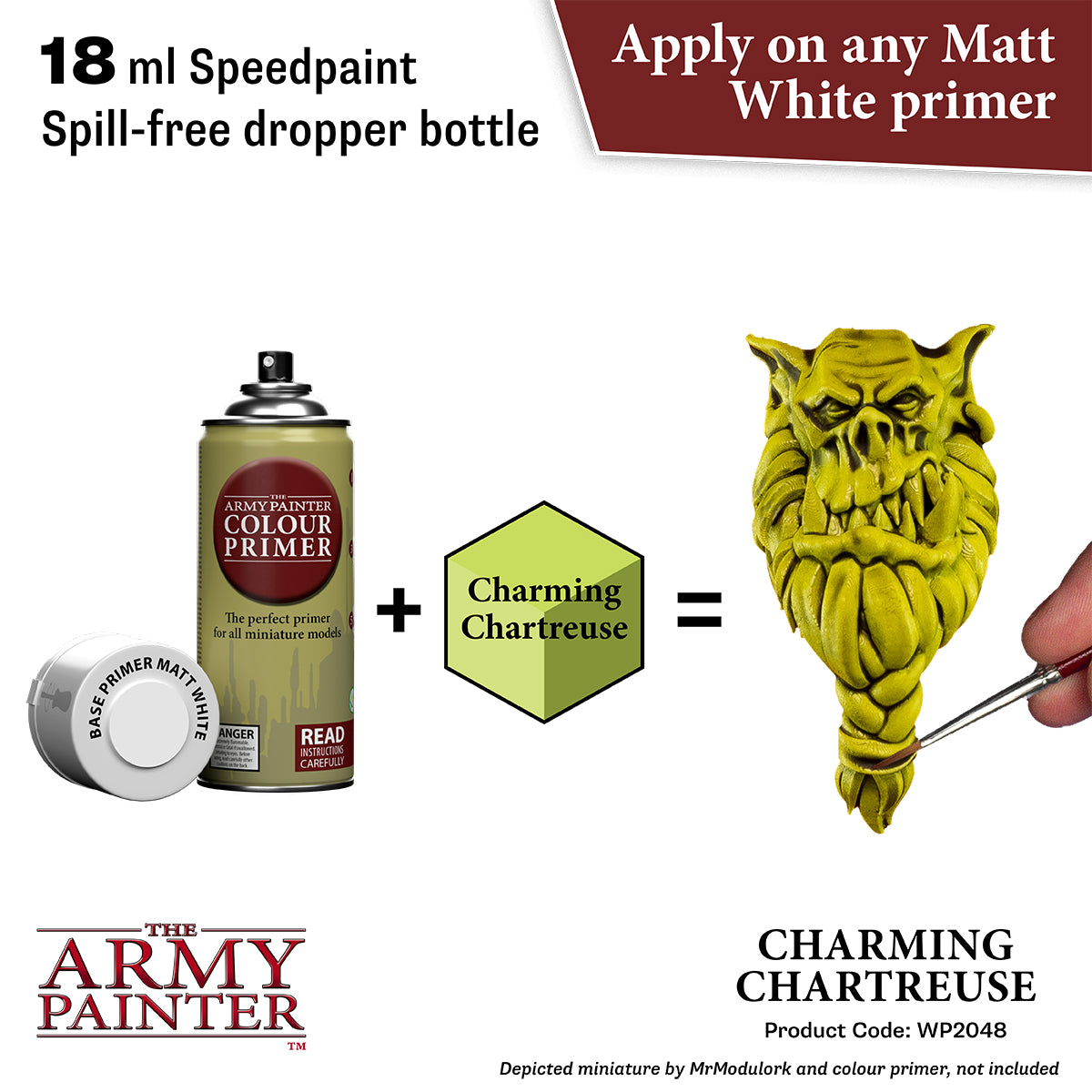 Product advertisement for 'The Army Painter' paint system with a can of primer, color chart, and a painted miniature.