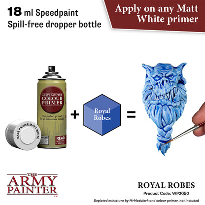 Product advertisement for 'The Army Painter' speedpaint with a blue miniature figure and primer bottle.