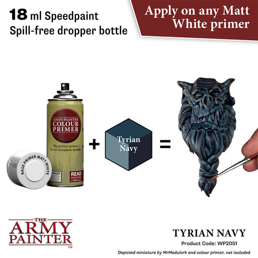 Product advertisement for 'The Army Painter' paint system with a dropper bottle, primer, and miniature figure.