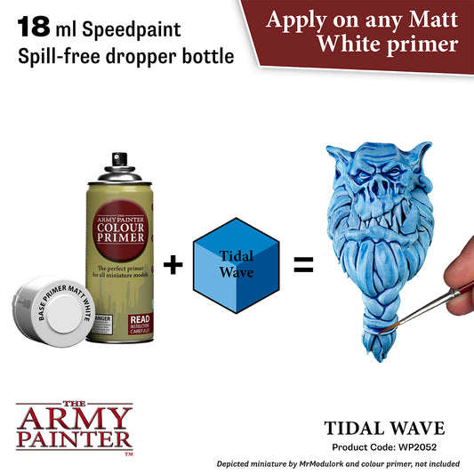 Promotional graphic for 'The Army Painter' speedpaint with a blue miniature figure and primer bottle.