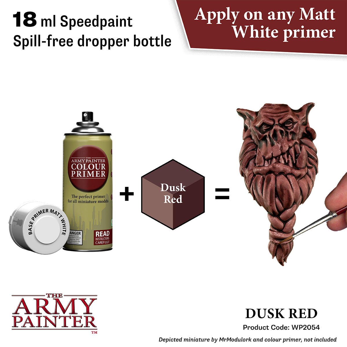 Product advertisement for 'The Army Painter' speedpaint with a dropper bottle, primer, and a painted miniature.