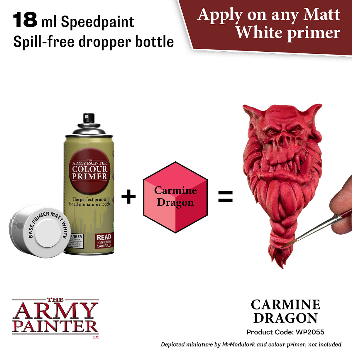 Product advertisement for 'The Army Painter' Carmine Dragon paint with primer and dropper bottle.