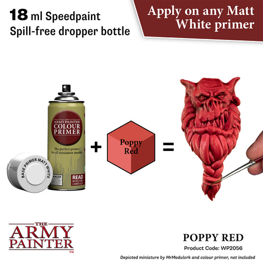 Advertisement for 'The Army Painter' color primer and poppy red paint with a model figure.