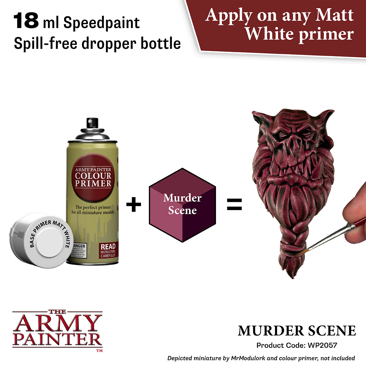 Product advertisement for 'The Army Painter' primer and speedpaint with a decorative owl figure.