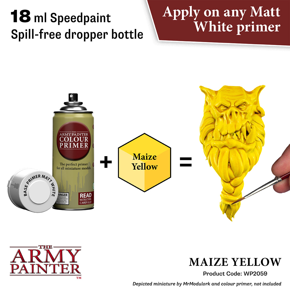 The Army Painter color primer bottle with a yellow paint swatch and a painted miniature head, featuring text about speedpaint and application.