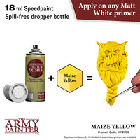 The Army Painter color primer bottle with a yellow paint swatch and a painted miniature head, featuring text about speedpaint and application.