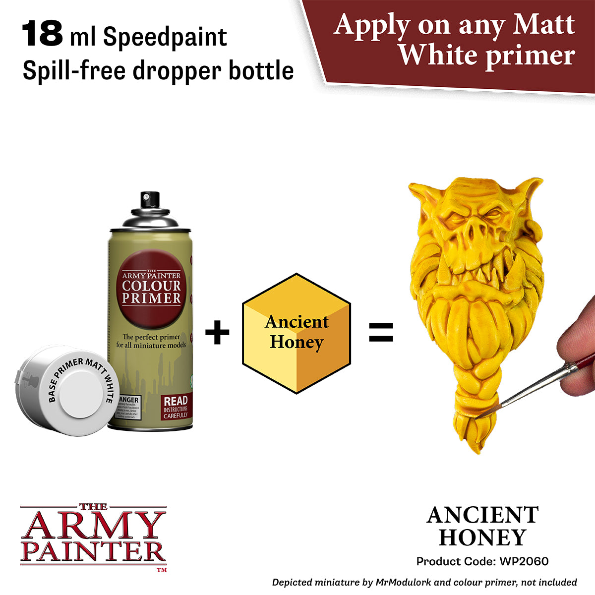 Product advertisement for 'The Army Painter' colour primer and 'Ancient Honey' with a dropper bottle and sculpture.