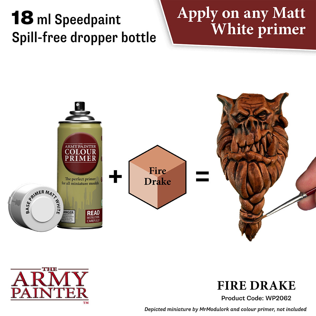 Advertisement for 'The Army Painter' speedpaint with a dropper bottle, primer, and fire drake miniature.