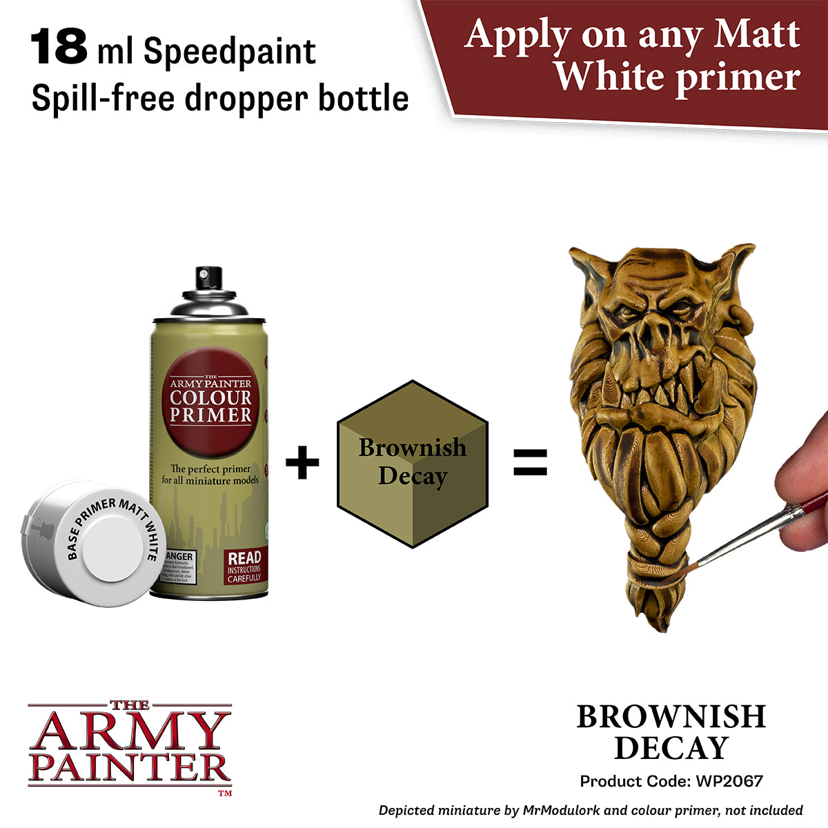 Product advertisement for 'The Army Painter' speedpaint with a dropper bottle and wooden mask.