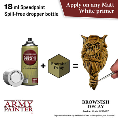 Product advertisement for 'The Army Painter' speedpaint with a dropper bottle and wooden mask.