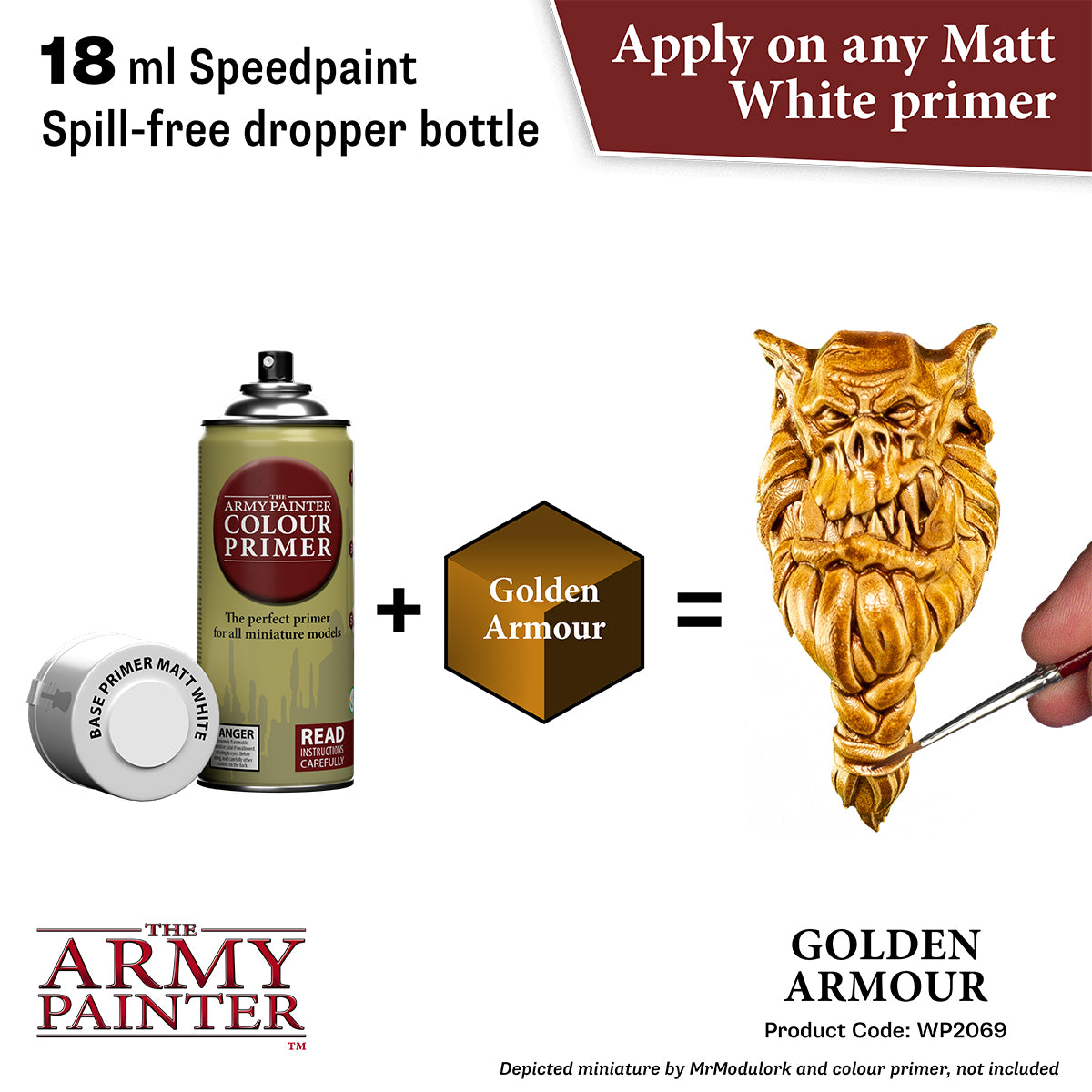 Product advertisement for 'The Army Painter' speedpaint with a dropper bottle and a piece of wood with gold paint.