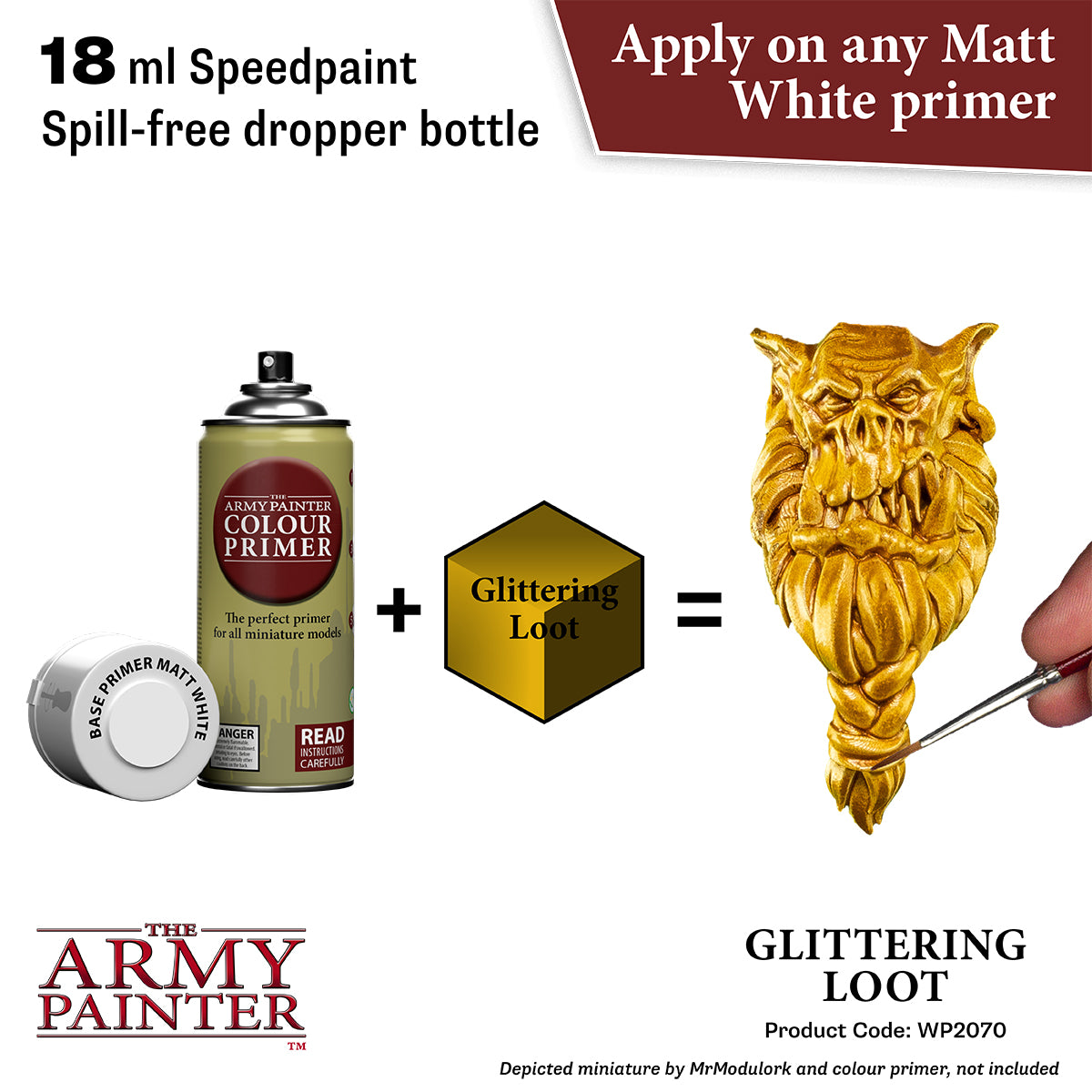 Product advertisement for 'The Army Painter' speedpaint with a gold glittering loot miniature.