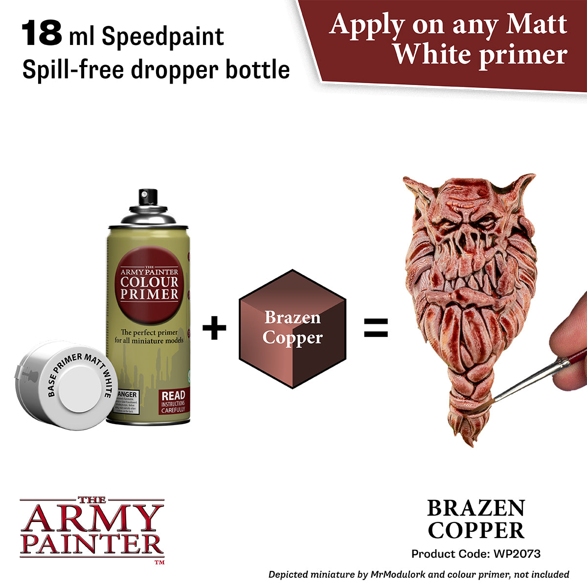 Product advertisement for 'The Army Painter' speedpaint with a dropper bottle and miniature painting process.