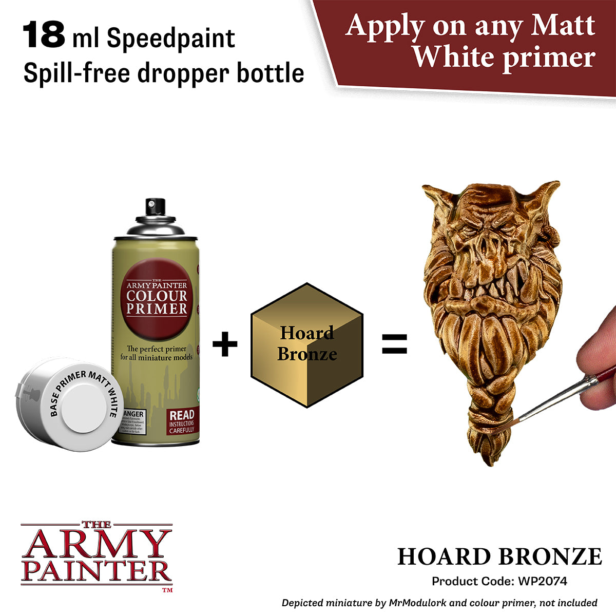 Product advertisement for 'The Army Painter' paint system with a dropper bottle, primer, and miniature figure.