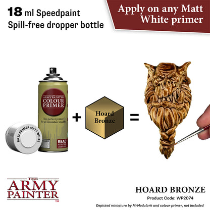 Product advertisement for 'The Army Painter' paint system with a dropper bottle, primer, and miniature figure.