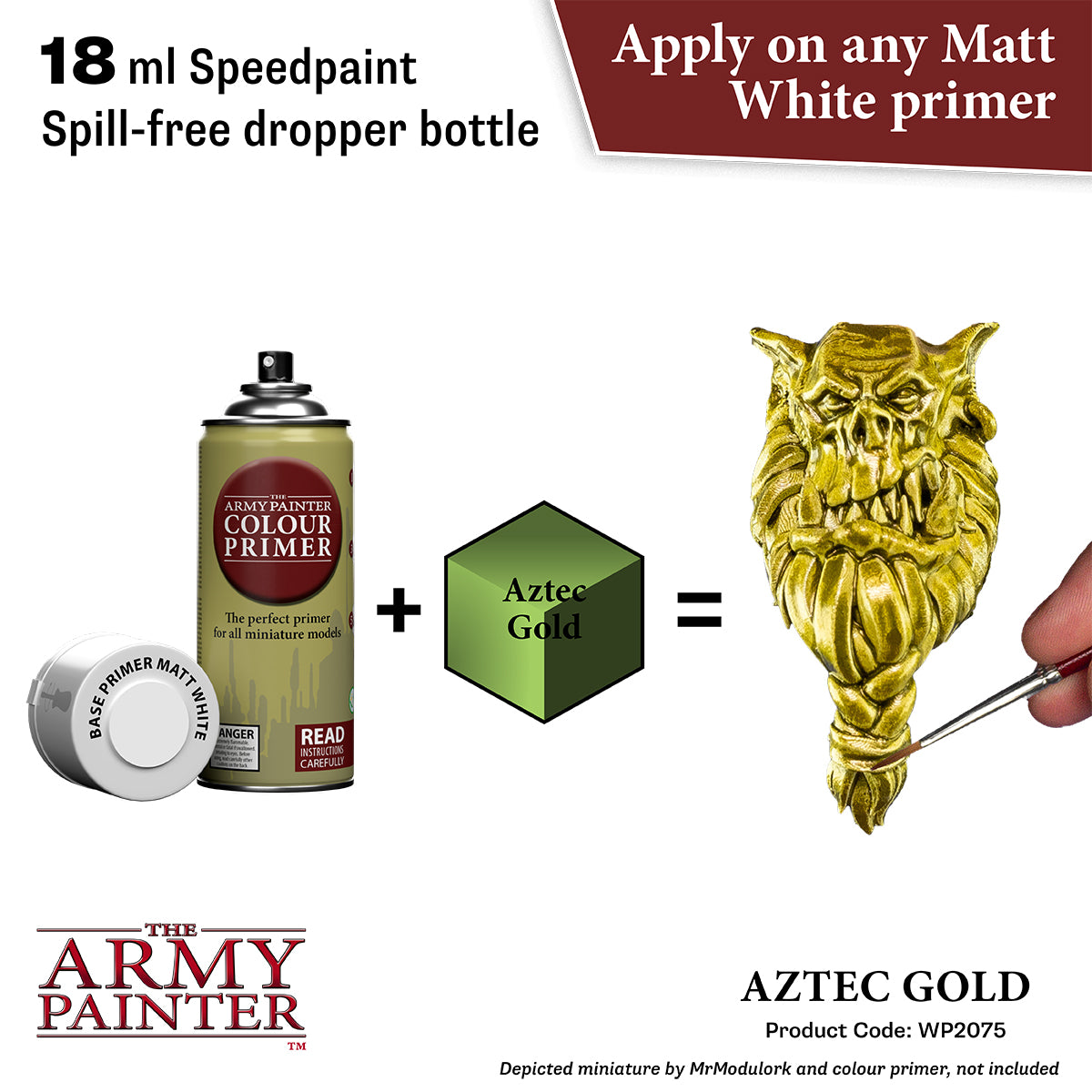 Product advertisement for 'The Army Painter' paint system with a gold figurine and primer bottle.