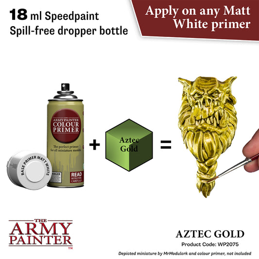 Product advertisement for 'The Army Painter' paint system with a gold figurine and primer bottle.