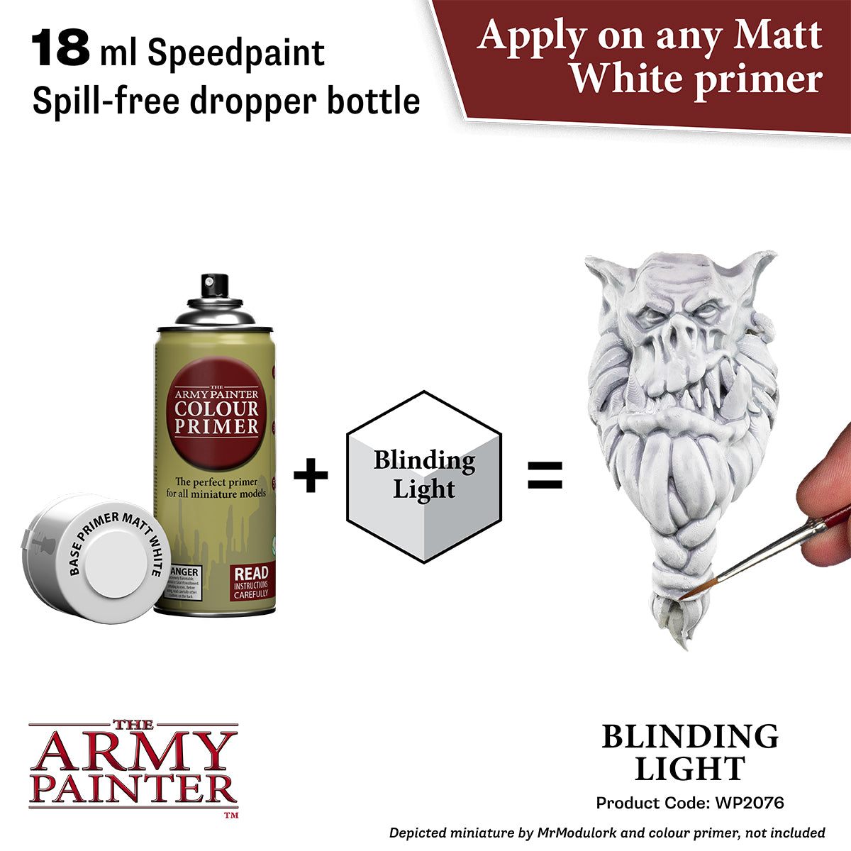Product advertisement for 'The Army Painter' speedpaint with a dropper bottle, primer, and blinding light application.