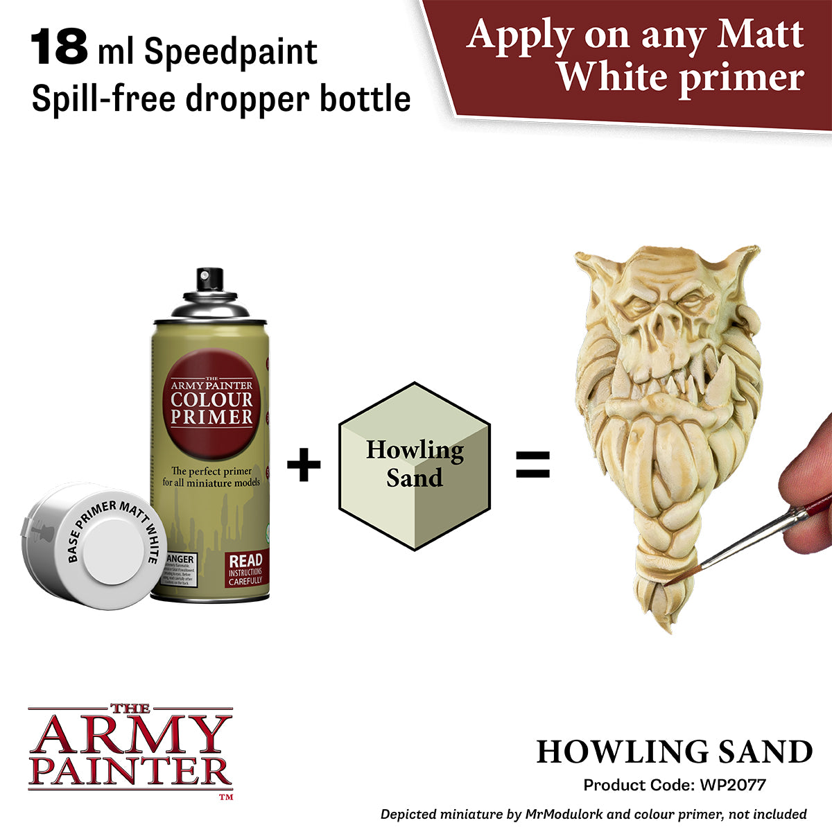 The Army Painter color primer bottle with a dropper, howling sand color swatch, and a hand holding a paintbrush with 'Howling Sand' color.