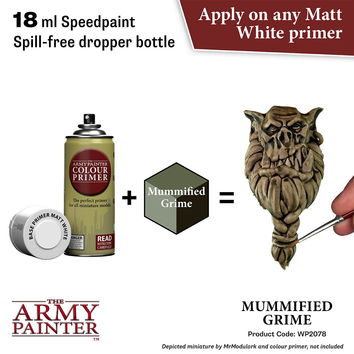 Product advertisement for 'The Army Painter' mummified grime paint with primer and dropper bottle.