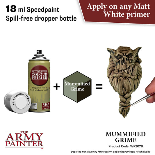 Product advertisement for 'The Army Painter' mummified grime paint with primer and dropper bottle.