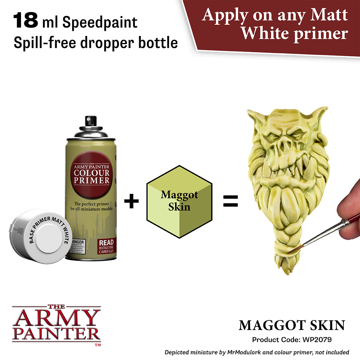 Product advertisement for 'Maggot Skin' paint by The Army Painter, showing a can of primer, a dropper bottle, and a painted miniature.