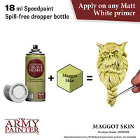 Product advertisement for 'Maggot Skin' paint by The Army Painter, showing a can of primer, a dropper bottle, and a painted miniature.