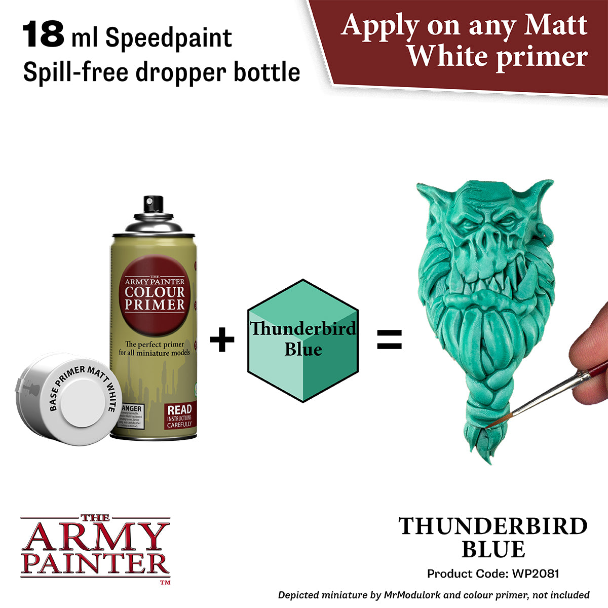 Product advertisement for 'The Army Painter' speedpaint with a dropper bottle and color swatch.
