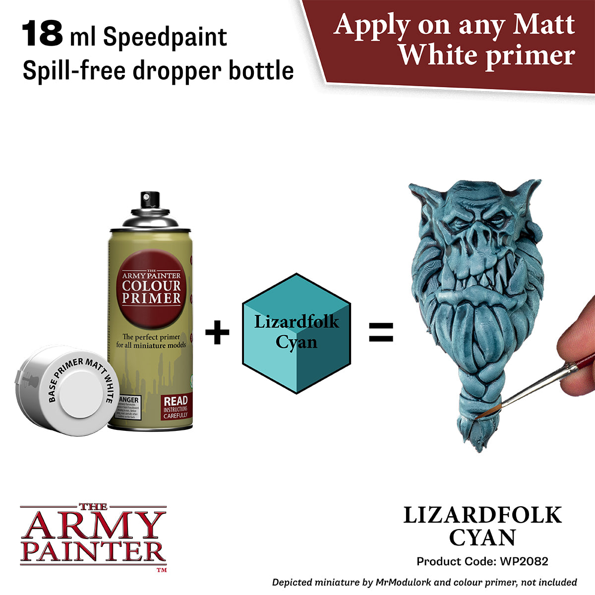 Product advertisement for 'The Army Painter' paint system with a dropper bottle, primer, and color swatch.