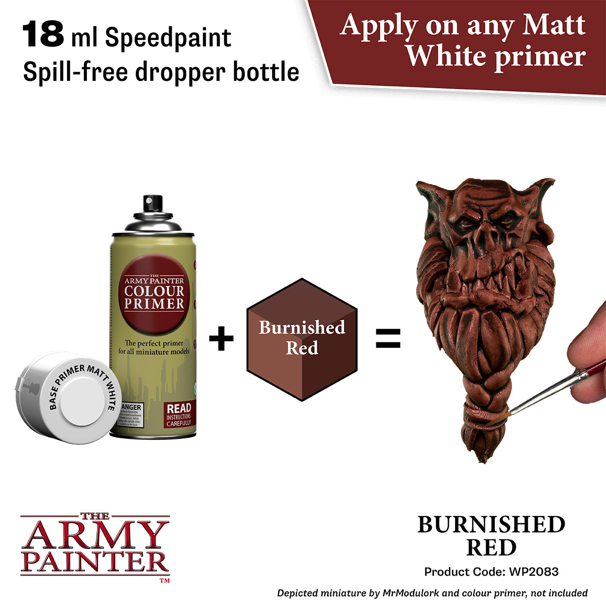 Product advertisement for 'The Army Painter' burnished red color with primer and dropper bottle.