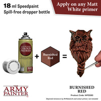 Product advertisement for 'The Army Painter' burnished red color with primer and dropper bottle.