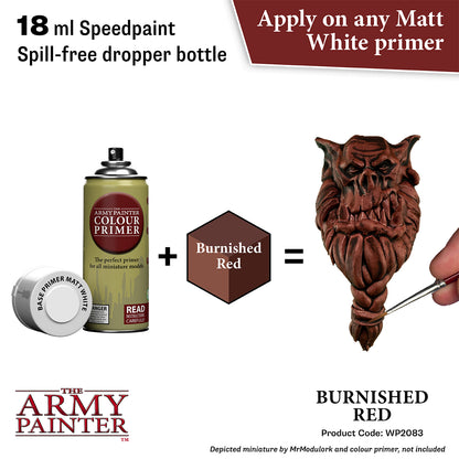 Product advertisement for 'The Army Painter' burnished red color with primer and dropper bottle.
