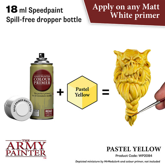 Army Painter color primer bottle with pastel yellow paint and a painted miniature figure on a white background.