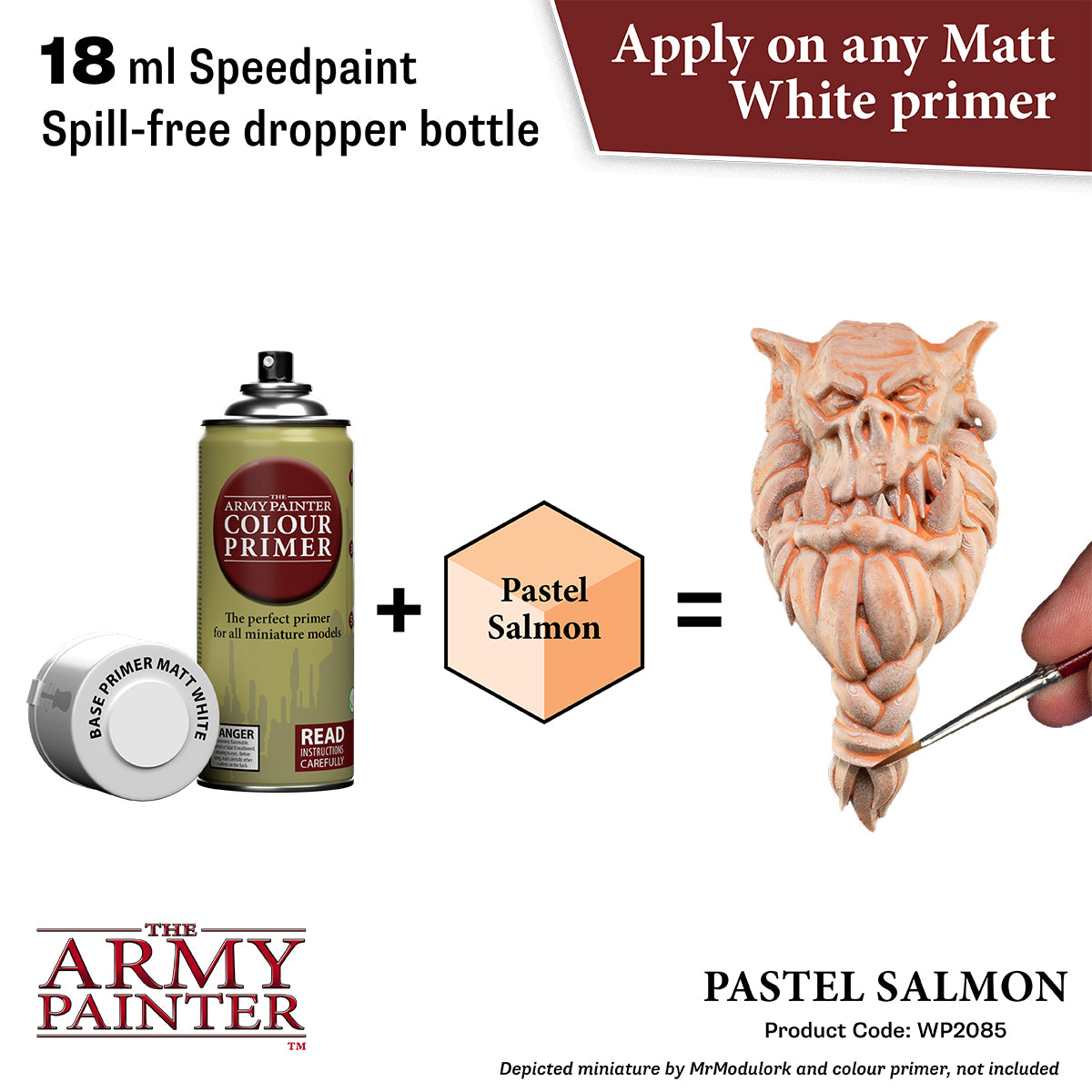 Army Painter color primer bottle with a pastel salmon color swatch and a miniature figure, featuring text about speedpaint and application.