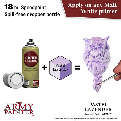 Product advertisement for 'The Army Painter' speedpaint with a dropper bottle, primer, and pastel lavender color swatch.