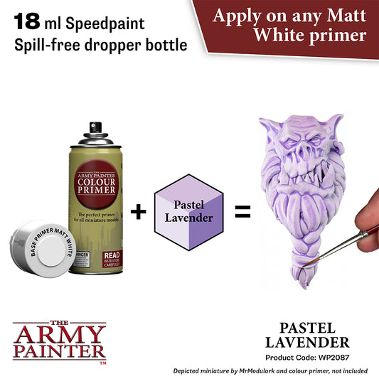 Product advertisement for 'The Army Painter' speedpaint with a dropper bottle, primer, and pastel lavender color swatch.
