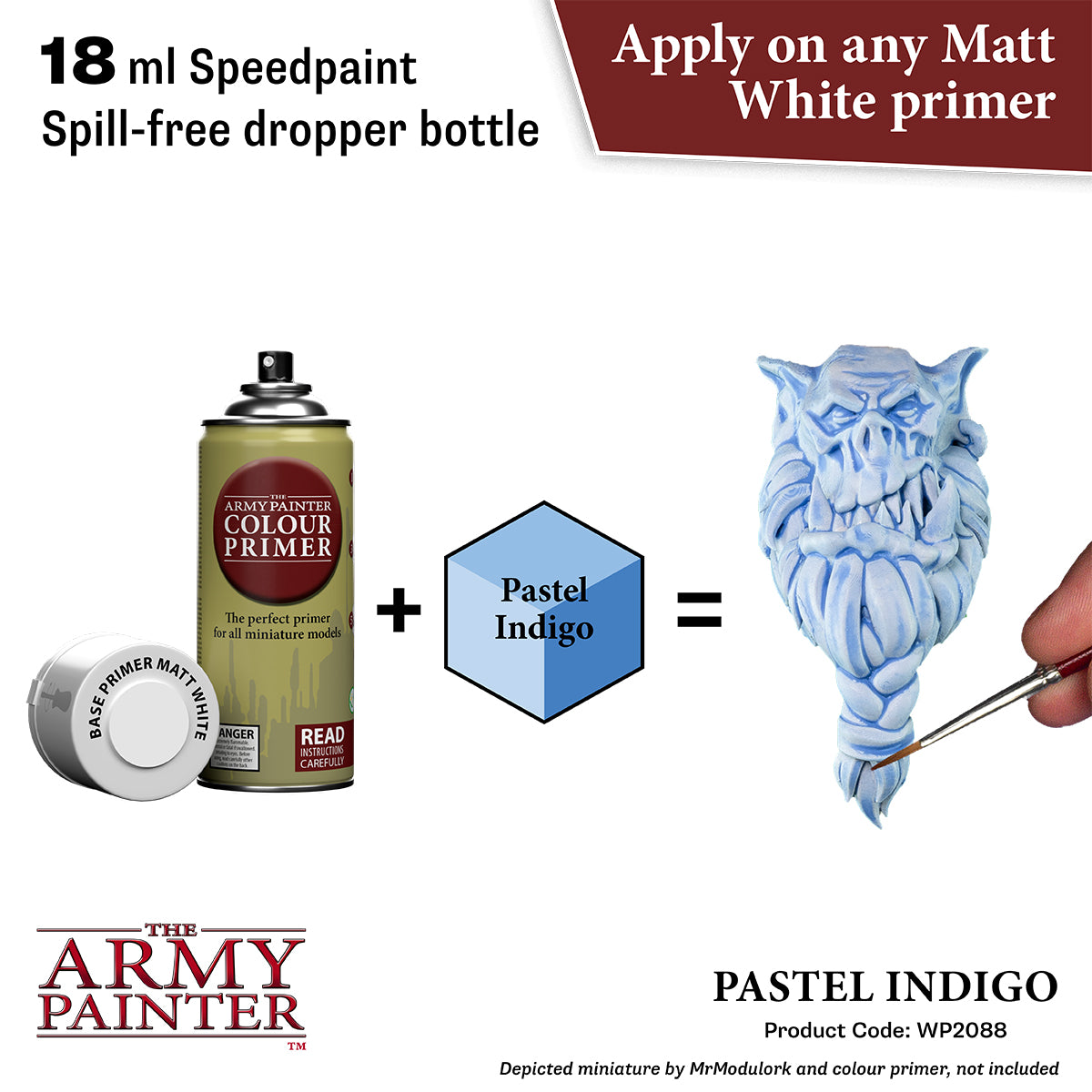 Product advertisement for 'The Army Painter' paint system with a dropper bottle, primer, and color swatch.