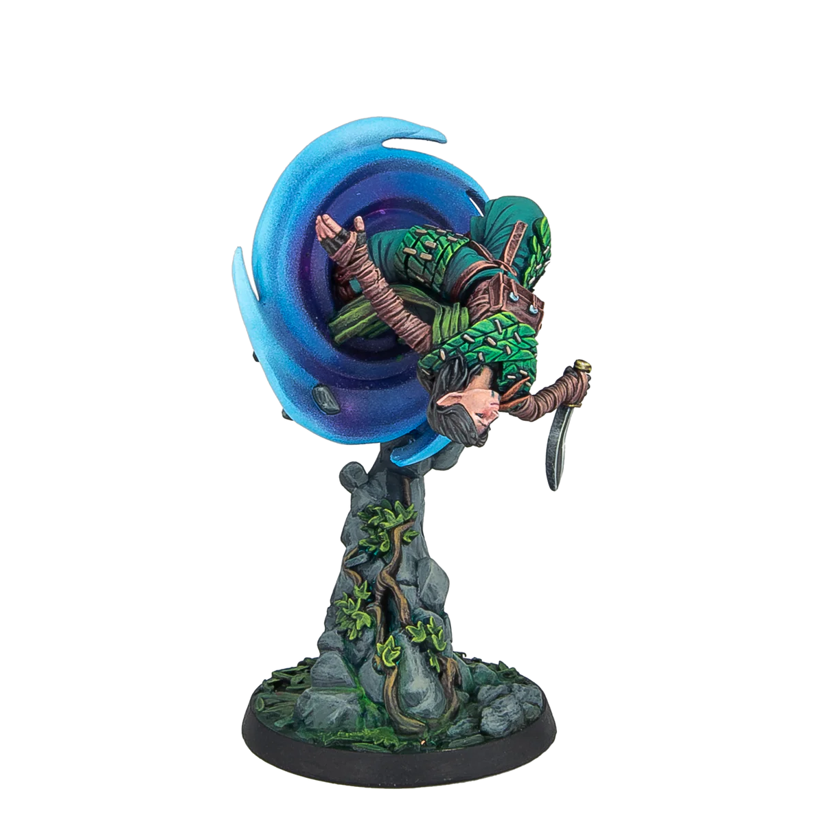 A fully painted Warcrow Aileen Cethir Wynn miniature, depicting the Sÿenann character emerging from a magical blue portal in a dynamic pose.