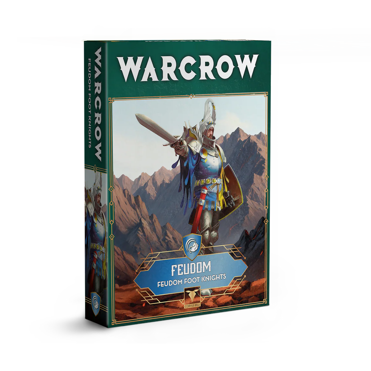 The product box for the Warcrow Feudom Foot Knights unit, featuring artwork of a knight in blue and yellow heraldry raising a sword.