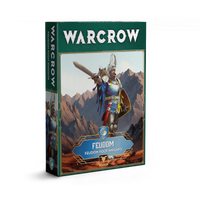 The product box for the Warcrow Feudom Foot Knights unit, featuring artwork of a knight in blue and yellow heraldry raising a sword.