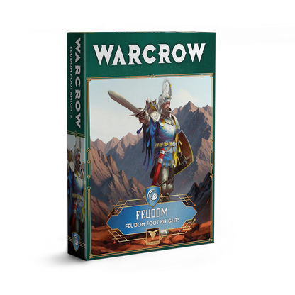 The product box for the Warcrow Feudom Foot Knights unit, featuring artwork of a knight in blue and yellow heraldry raising a sword.