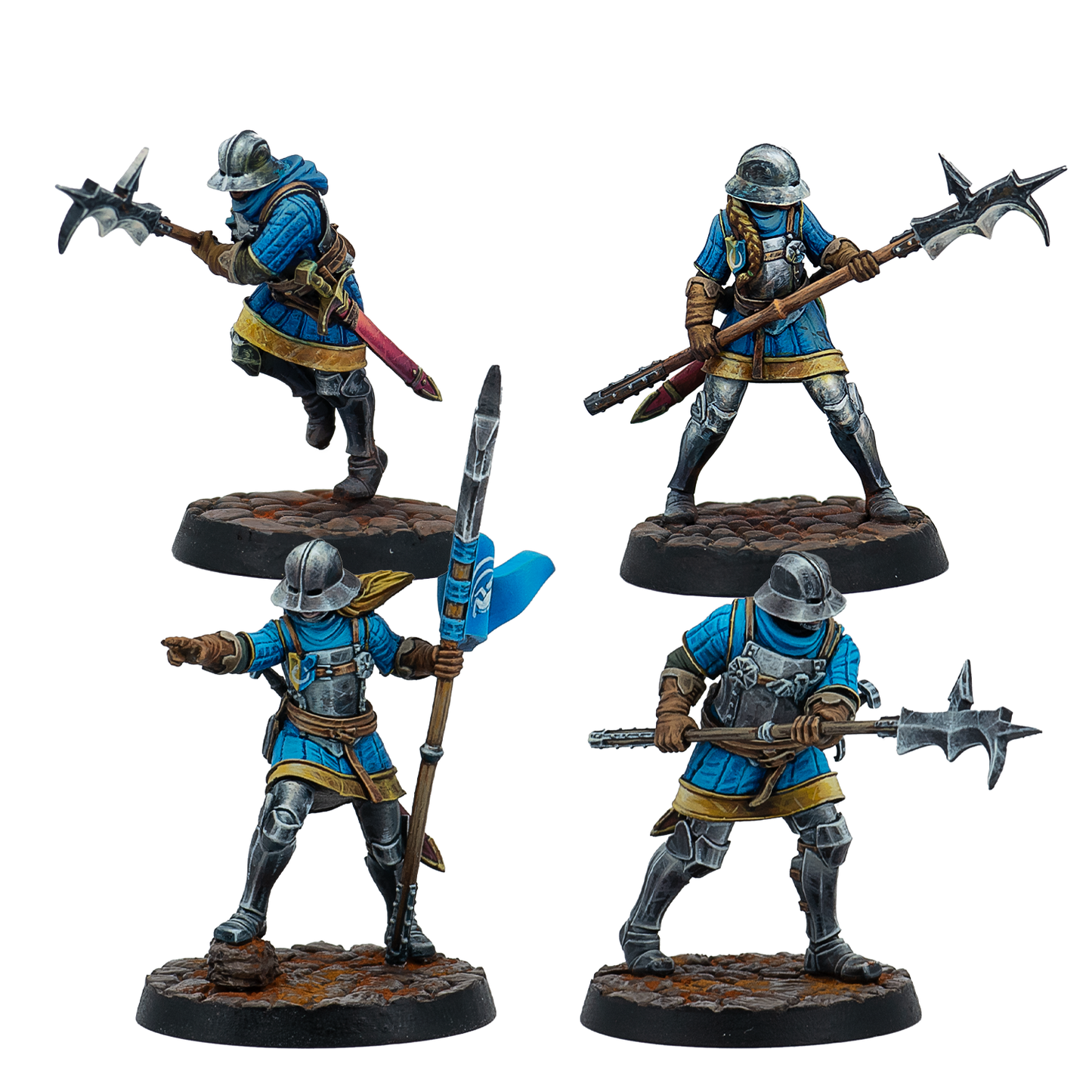 Four fully painted Warcrow Feudom Guisarmiers miniatures, featuring infantry in blue surcoats and kettle helmets armed with various guisarme polearms and a unit banner.