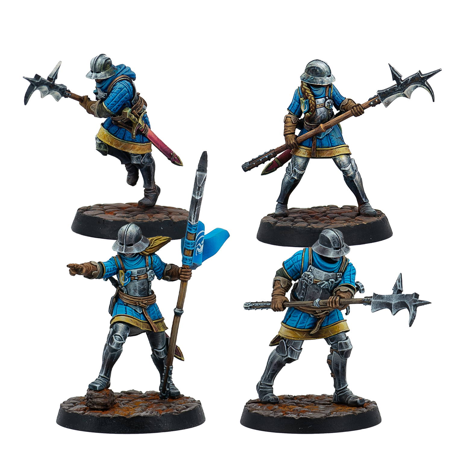 Four fully painted Warcrow Feudom Guisarmiers miniatures, featuring infantry in blue surcoats and kettle helmets armed with various guisarme polearms and a unit banner.