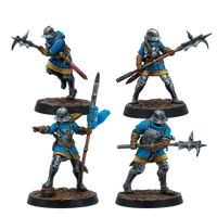 Four fully painted Warcrow Feudom Guisarmiers miniatures, featuring infantry in blue surcoats and kettle helmets armed with various guisarme polearms and a unit banner.